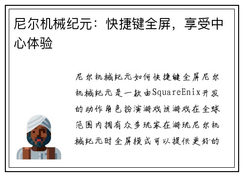 尼尔机械纪元：快捷键全屏，享受中心体验